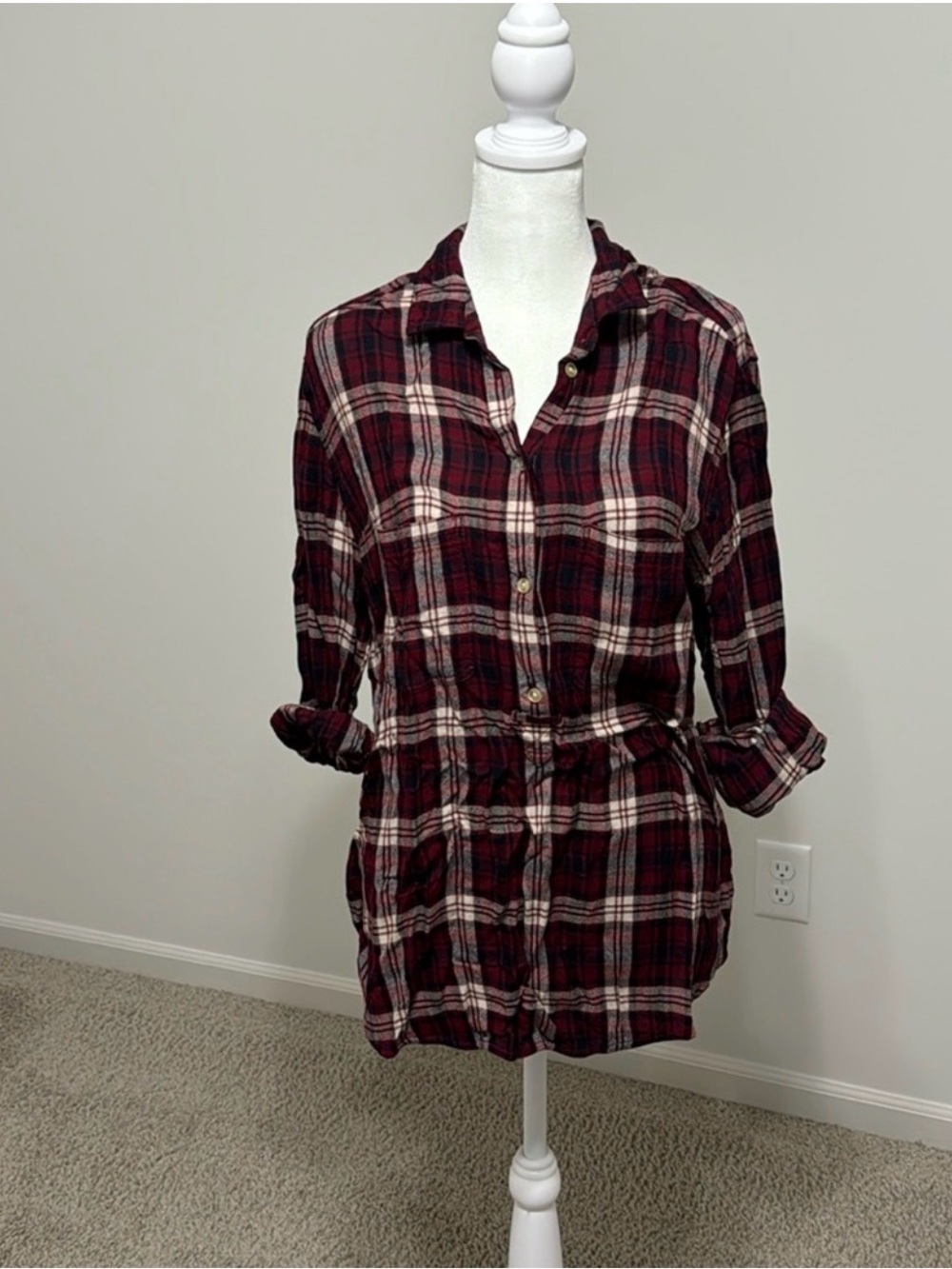 Burgundy Plaid Flannel Shirt Size L | Button Front Casual Top